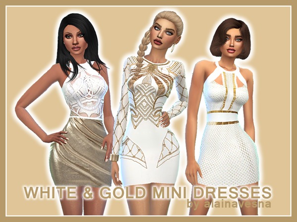 Sims 4 White and Gold Mini Dresses by alainavesna at TSR