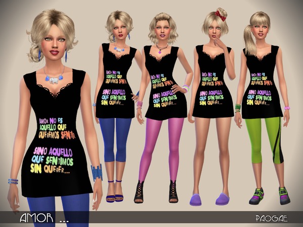 Sims 4 Black mini dress with a colored text by Paogae at TSR