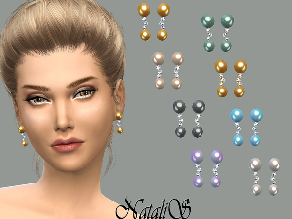 Sims 4 Double drop pearl and crystals earrings by NataliS at TSR