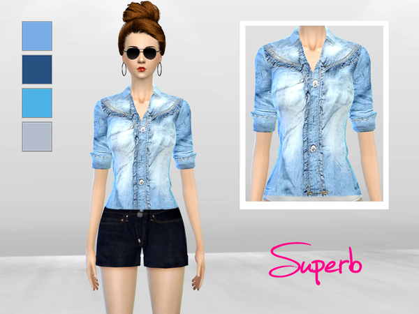 Sims 4 Icy Frill Denim Blouse by McLayneSims at TSR