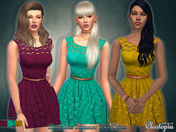 Sims 4 Sleeveless Belted Lace Dress by Cleotopia at TSR