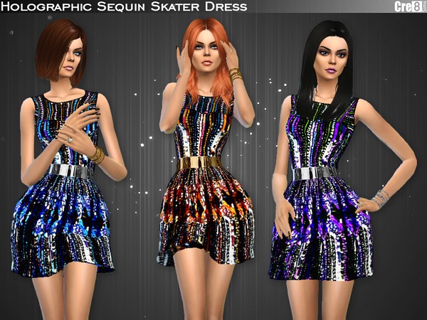 Sims 4 Holographic Sequined Skater Dress by Cre8Sims at TSR