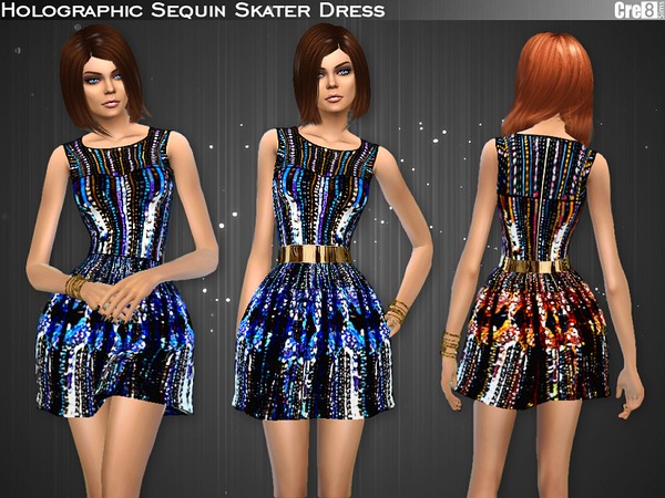 Sims 4 Holographic Sequined Skater Dress by Cre8Sims at TSR
