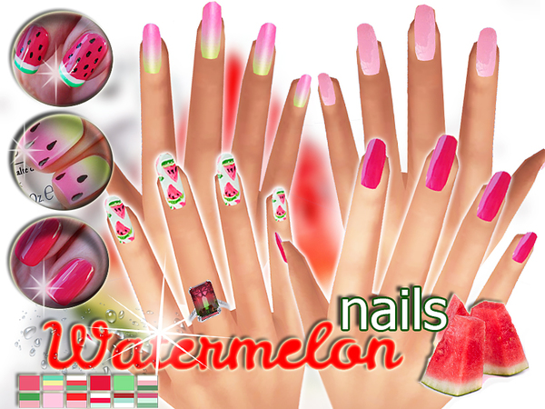 Sims 4 Watermelon nails by Pinkzombiecupcakes at TSR