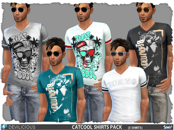 CatCool Shirts 5-Pack by Devilicious at TSR » Sims 4 Updates