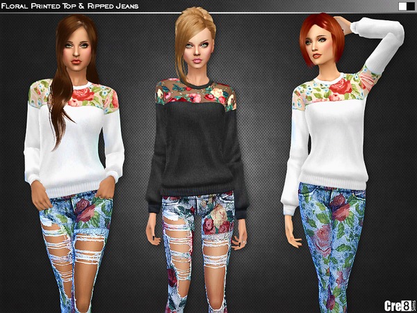 Sims 4 Floral Printed Top and Skinny Jeans by Cre8Sims at TSR
