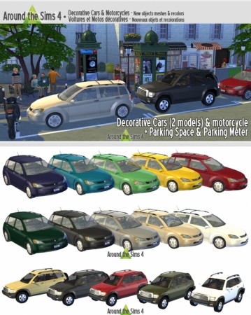 Decorative cars, motorcycle and parking meter at Around the Sims 4
