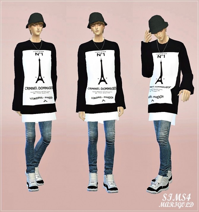 Sims 4 Male loose fit long Top black&white at Marigold
