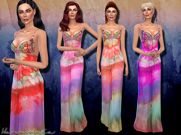 Sims 4 Bead Embellishment Silk Maxi Dress by Harmonia at TSR