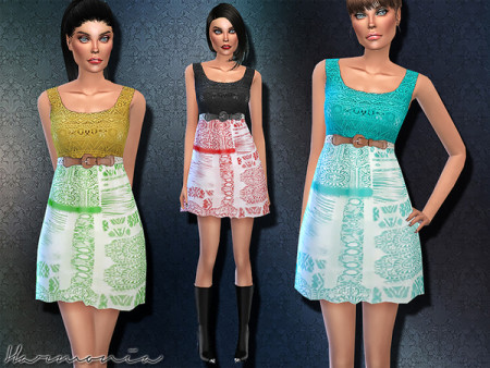 Lace Contrast Aztec Print Belted Dress By Harmonia At Tsr » Sims 4 Updates