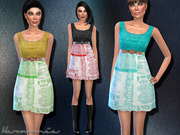 Sims 4 Lace Contrast Aztec Print Belted Dress by Harmonia at TSR