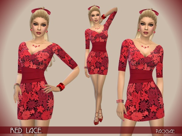 Sims 4 Red lace dress by Paogae at TSR