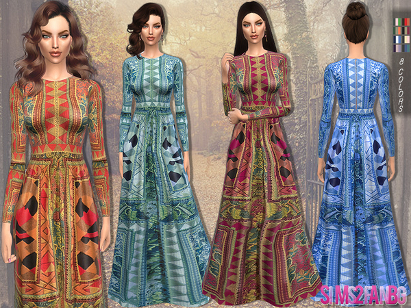 Sims 4 Printed long dress by sims2fanbg at TSR