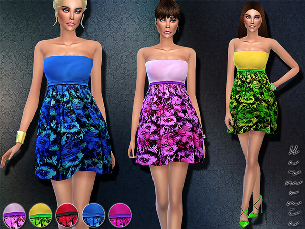 Sims 4 Strapless Fit and Flare Floral Dress by Harmonia at TSR