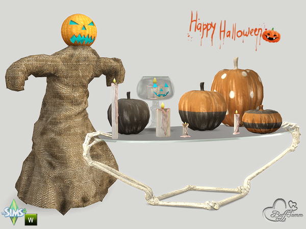 Sims 4 Porcelain Pumpkins, burned candles, scarecrow and coffeetable by BuffSumm at TSR
