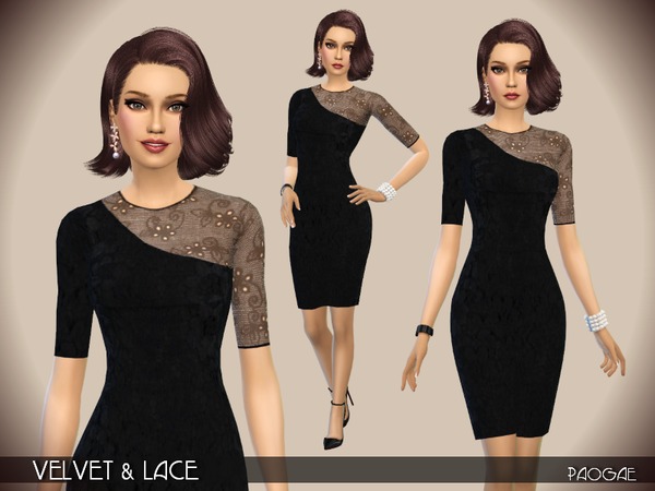 Sims 4 Velvet & Lace dress by Paogae at TSR