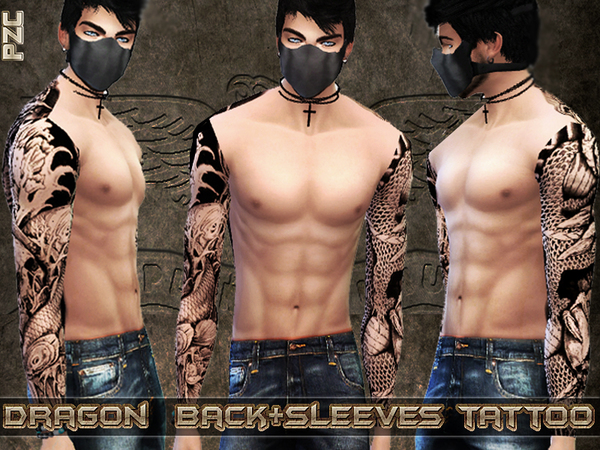 Sims 4 Dragon Back and Sleeves Tattoo by Pinkzombiecupcakes at TSR