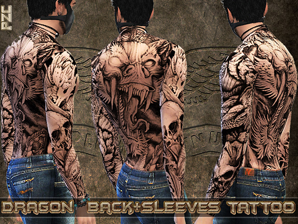 Sims 4 Dragon Back and Sleeves Tattoo by Pinkzombiecupcakes at TSR
