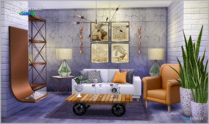 Sims 4 Fusion industrial livingroom at SIMcredible! Designs 4