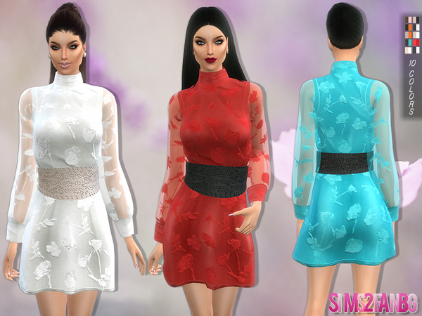 Sims 4 109 Dress with belt and transparent sleeves by sims2fanbg at TSR