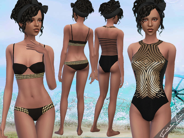 Sims 4 Black and Gold Swimwear by Fritzie.Lein at TSR