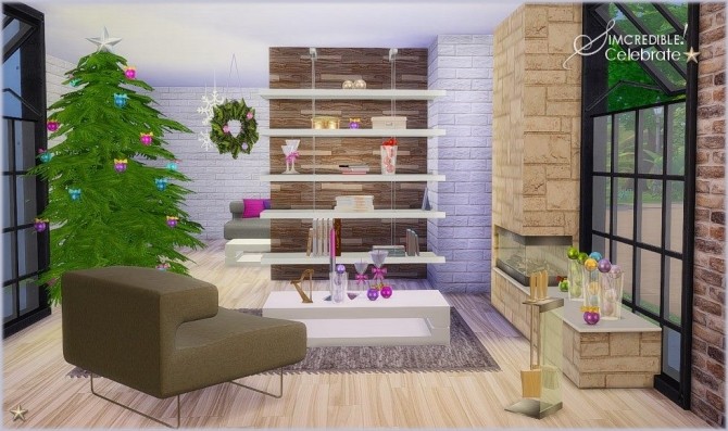Sims 4 Celebrate! decorated living for Christmas at SIMcredible! Designs 4