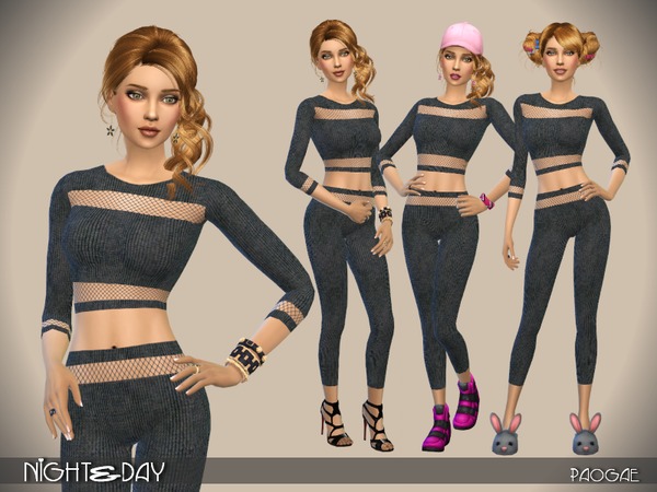 Sims 4 Night&Day skinny pants and top by Paogae at TSR