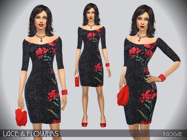 Sims 4 Lace & Flowers dress by Paogae at TSR