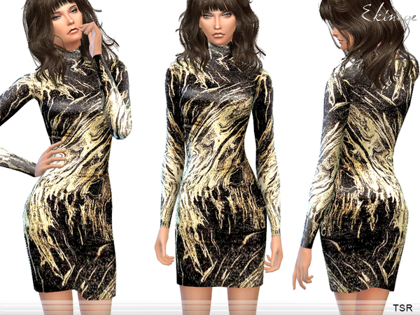 Sims 4 Gold Swirl Print Dress by ekinege at TSR