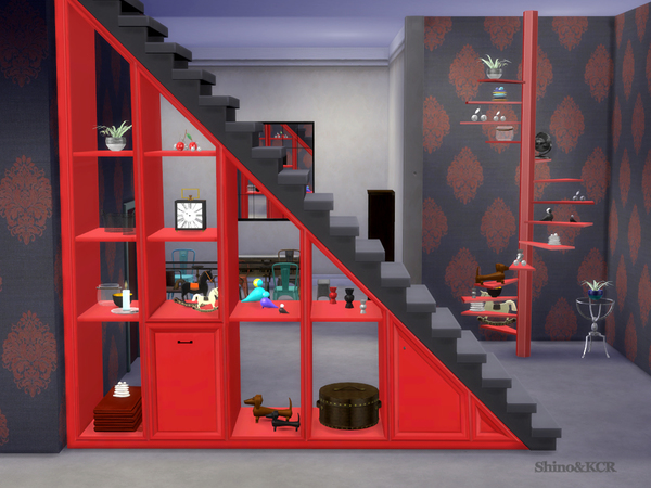 Sims 4 Under Stair Shelfs and Deco Spiralstair by ShinoKCR at TSR