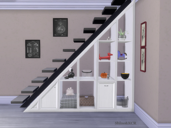 Sims 4 Under Stair Shelfs and Deco Spiralstair by ShinoKCR at TSR