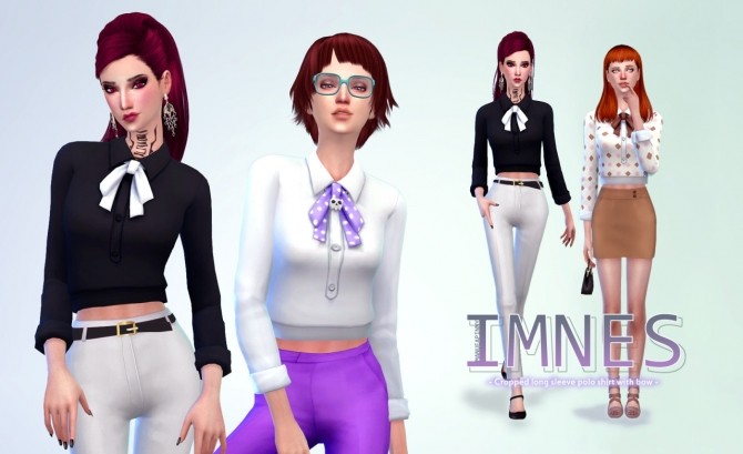 Sims 4 IMNES Cropped long sleeve polo shirt with bow at manuea Pinny