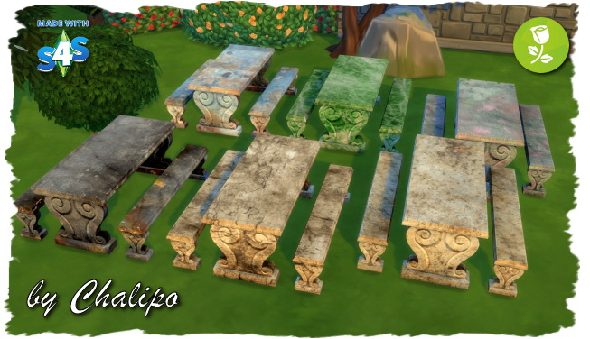 Sims 4 Stone statues, bench and table by Chalipo at All 4 Sims
