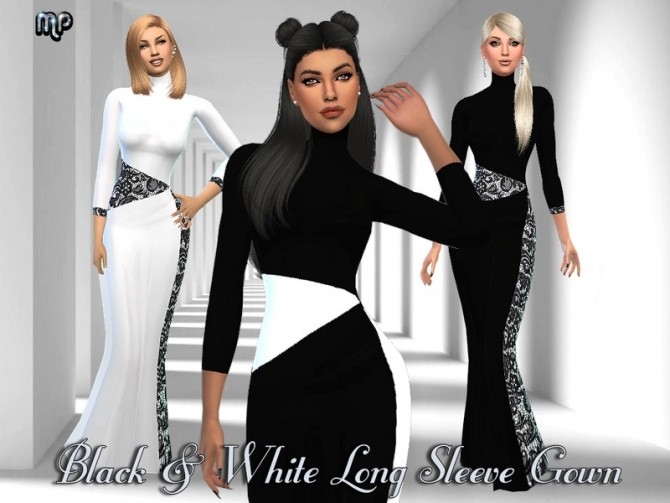 Sims 4 MP Black and White Long Sleeve Gown at BTB Sims – MartyP