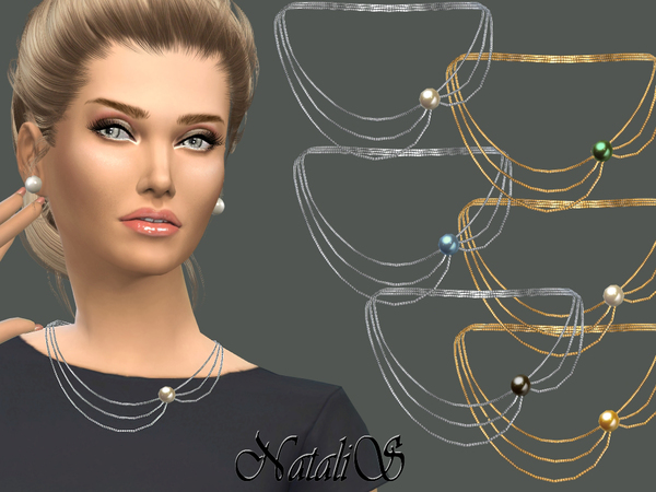 Sims 4 Three tiered necklace with pearl by NataliS at TSR