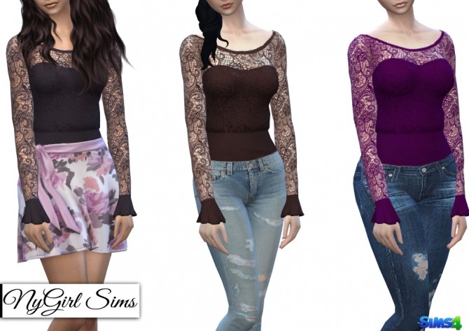 Sims 4 Gathered Waist Lace Tops with Ruffle Sleeves at Arte Della Vita