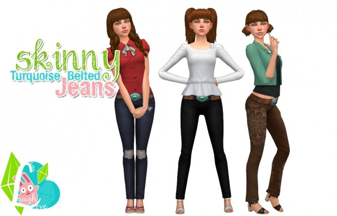 Sims 4 Belted Turquoise Jeans at SimLaughLove