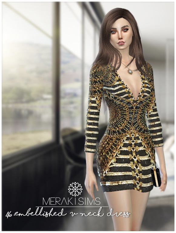 Sims 4 Embellished V neck dress at Merakisims