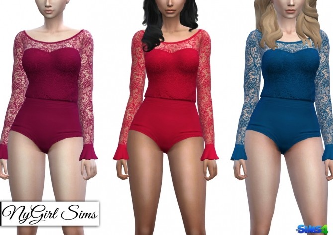 Sims 4 Gathered Waist Lace Bodysuit with Ruffle Sleeves at NyGirl Sims