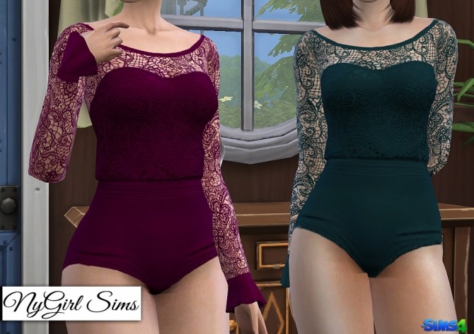 Sims 4 Gathered Waist Lace Bodysuit with Ruffle Sleeves at NyGirl Sims