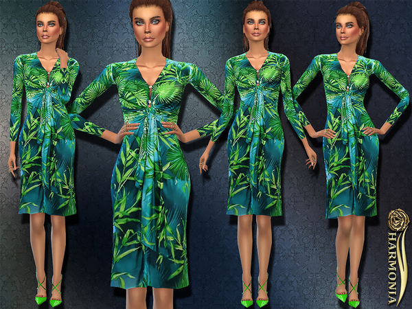 Sims 4 Most Iconic Jungle Printed Silk Dress by Harmonia at TSR