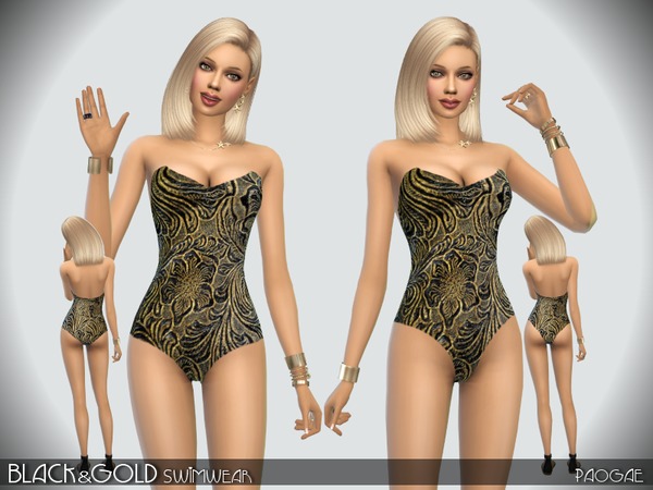 Sims 4 Black & Gold Swimwear by Paogae at TSR