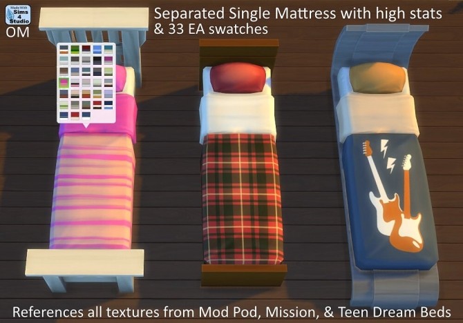 Sims 4 Separated single mattress with high stats & 33 EA swatches at Sims 4 Studio