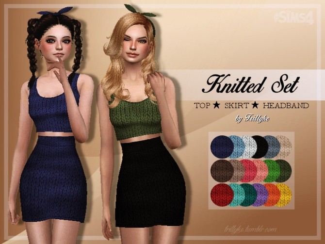 Sims 4 Knitted Set Top + Skirt + Headband at Trillyke