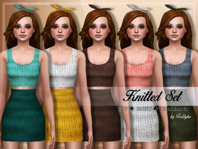 Sims 4 Knitted Set Top + Skirt + Headband at Trillyke