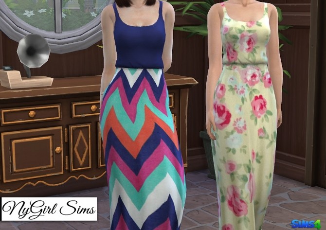 Sims 4 Gathered Waist Tank Maxi Dress Prints at NyGirl Sims