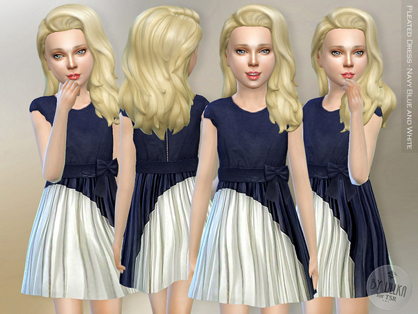 Sims 4 Navy Blue and White Pleated Dress by lillka at TSR
