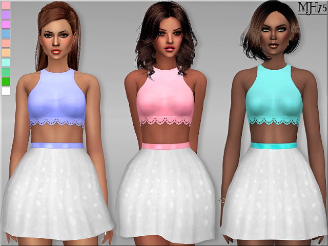Sims 4 Lace trim crop top and flowing skater skirt outfit at Sims Addictions