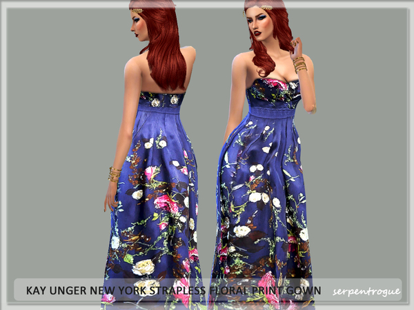 Sims 4 Kay Unger New York Strapless Floral Print Gown by Serpentrogue at TSR
