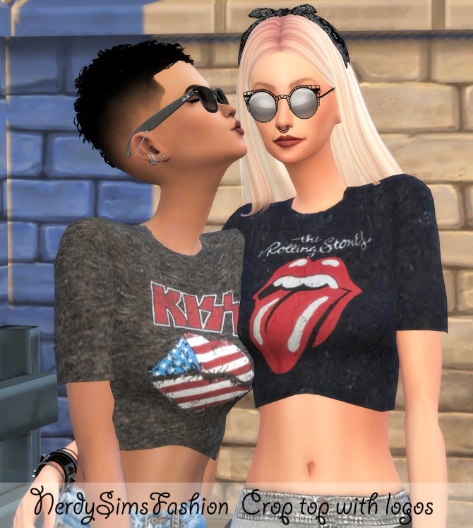 Sims 4 Tied shirt + Crop top with different logos at Lumy Sims
